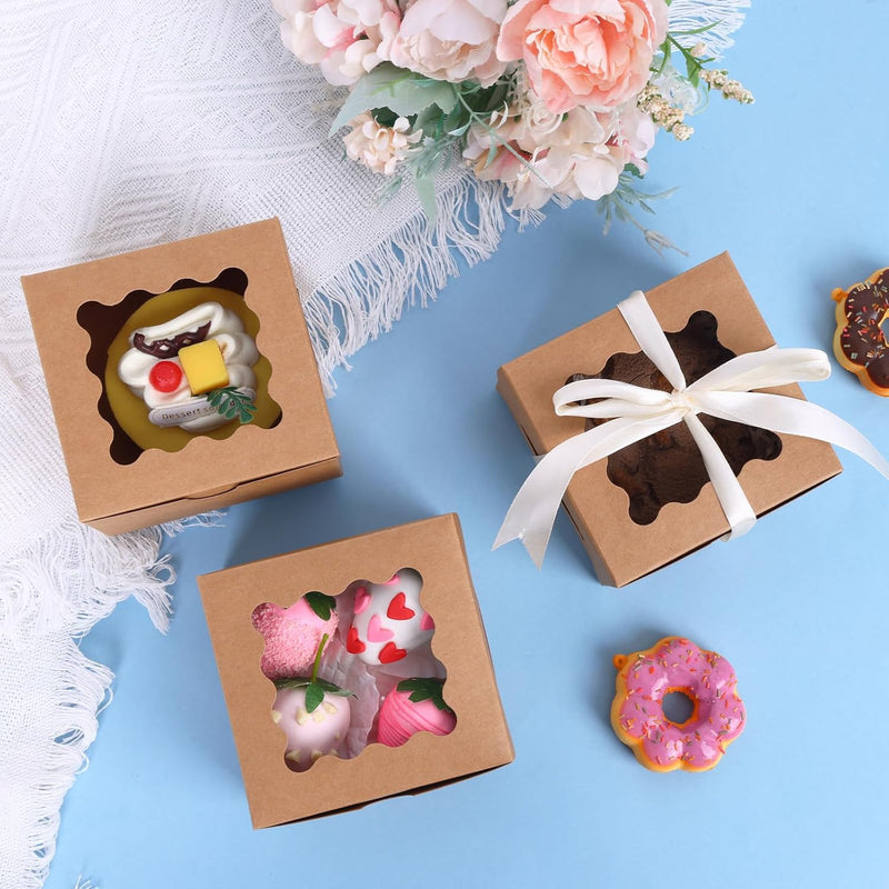 Moretoes 120pcs Cookie Boxes with Window, 4x4x2.5 Inches Brown Bakery Boxes Pastry Container Bulk for Small Cookies, Treats and Desserts