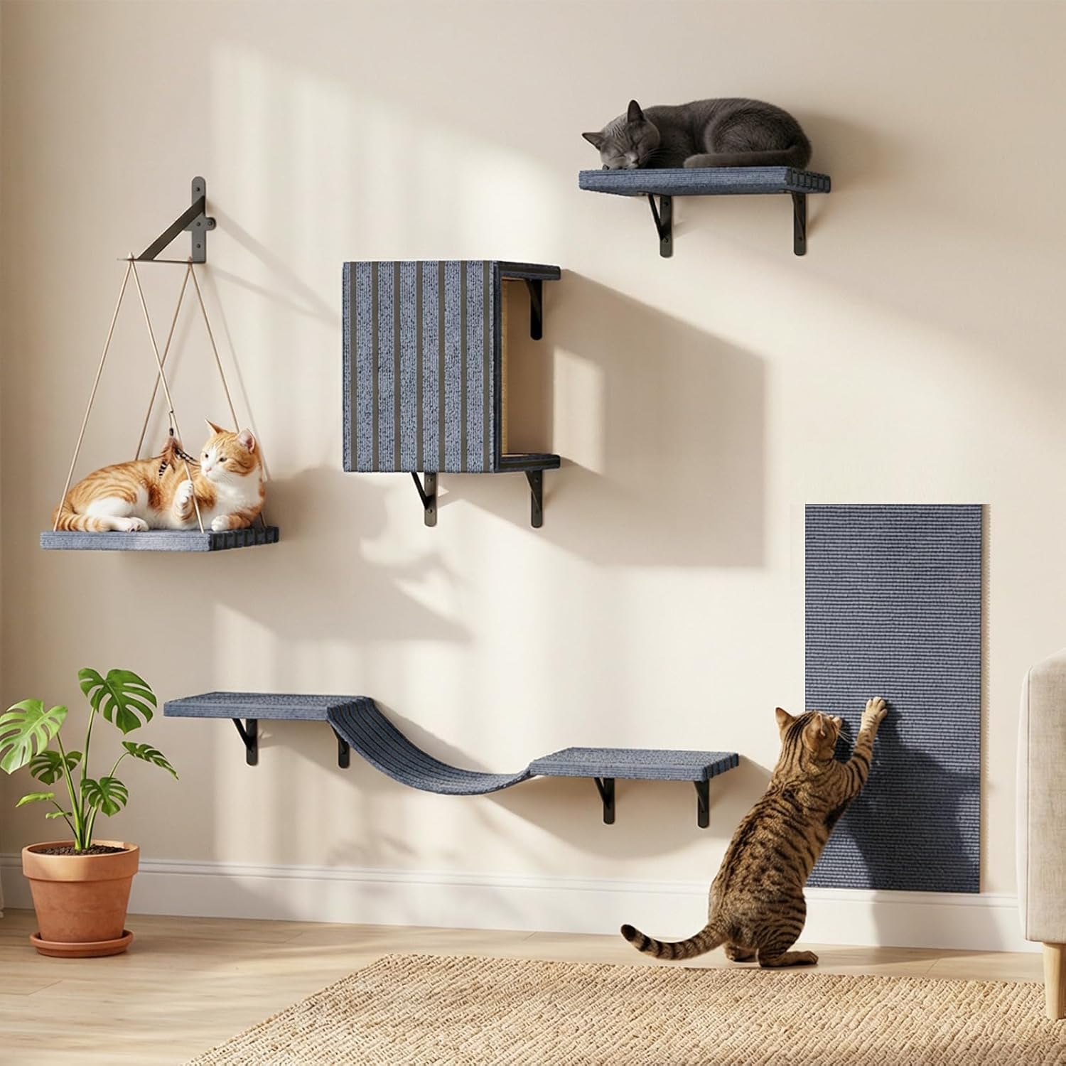 Superlele 5-in-1 Cat Wall Shelves Set, Premium Solid Wood for Stable & Safe, Space Saving Wall Mounted Cat Perch & Steps for Indoor Cats, Modern Wood Cat Walkway, with Interactive Cat Swing