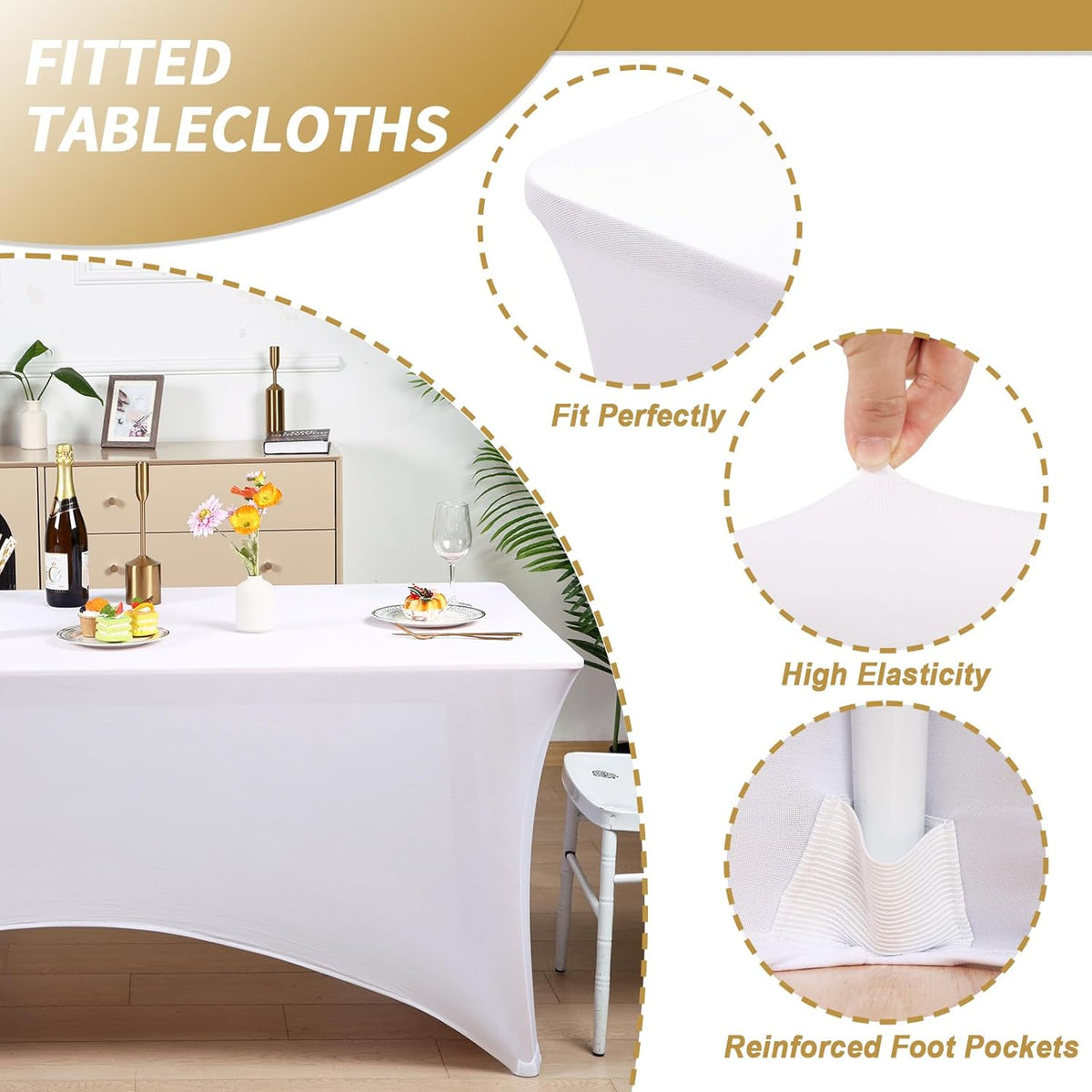 Fixwal 3 Pack White Table Cloths Rectangle 6FT, Tablecloths Rectangular Stretch Spandex Fitted Table Covers 6FT for Party, Trade Show, Banquet, Wedding, Buffet, Graduation Decoration
