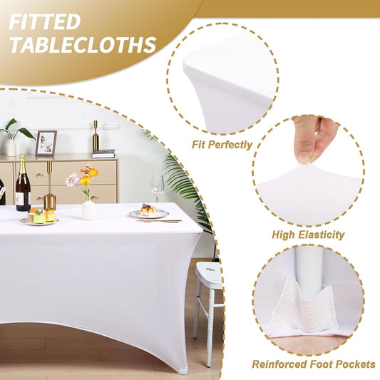 Fixwal 3 Pack White Table Cloths Rectangle 6FT, Tablecloths Rectangular Stretch Spandex Fitted Table Covers 6FT for Party, Trade Show, Banquet, Wedding, Buffet, Graduation Decoration
