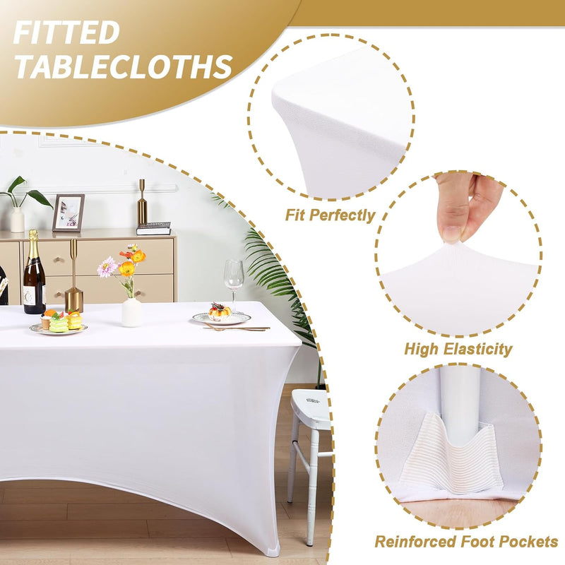 Fixwal 3 Pack White Table Cloths Rectangle 6FT, Tablecloths Rectangular Stretch Spandex Fitted Table Covers 6FT for Party, Trade Show, Banquet, Wedding, Buffet, Graduation Decoration
