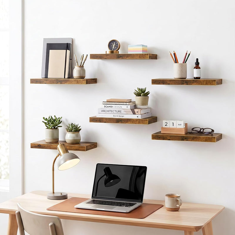 Fixwal 15.7in Floating Shelves, Set of 6 Wood Shelves, Farmhouse Shelf Wall Decor for Bathroom, Bedroom, Living and Kitchen Room (Rustic Brown)