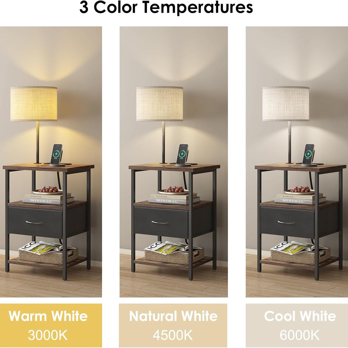 Fixwal Nightstand with Lights Bedside Table with 3 Color Temperatures Bulb, Night Stand with Charging Station End Table with Adjustable Fabric Drawer for Bedroom Dorm