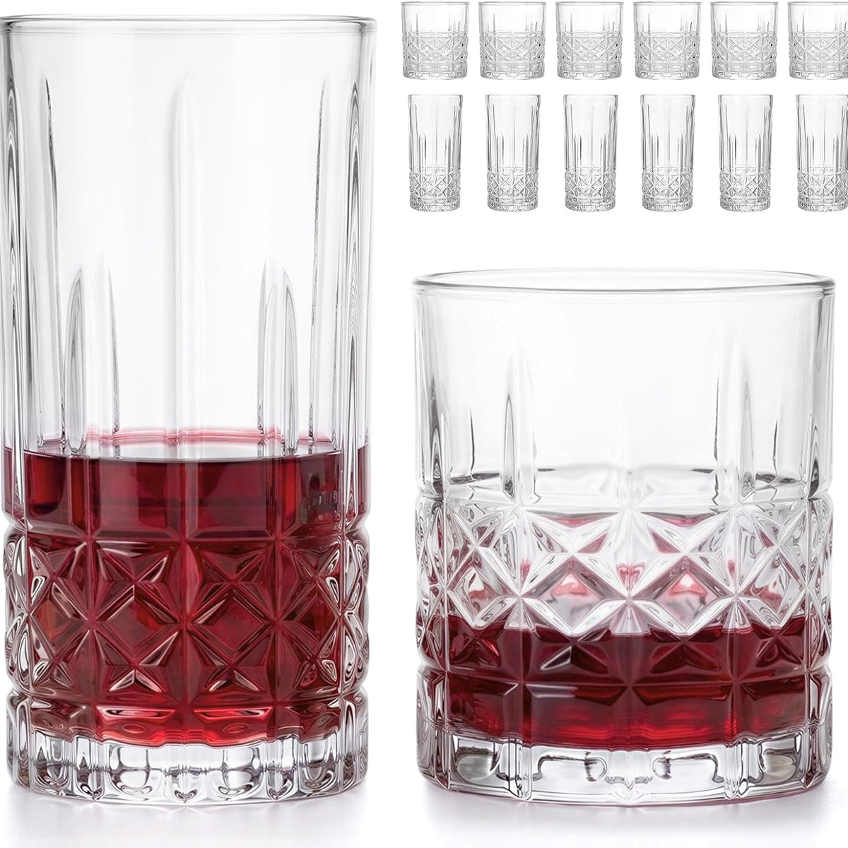 Moretoes Drinking Glasses, 12 Piece Crystal Glass Cups, Mixed Glassware Set, 6 Crystal Old Fashioned 10oz and 6 Highballs Glasses, Great for Cocktail, Whisky and Other Beverages