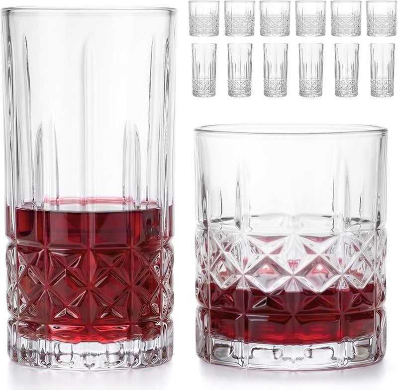 Moretoes Drinking Glasses, 12 Piece Crystal Glass Cups, Mixed Glassware Set, 6 Crystal Old Fashioned 10oz and 6 Highballs Glasses, Great for Cocktail, Whisky and Other Beverages