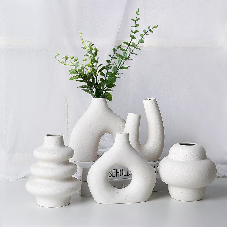 Ceramic Flower Vase Set of 5 Modern Nordic Boho Style Decorative Vases Home Decor, Matte Ceramic Decorations for Living Room Shelf, Bookshelf Mantle Entryway Table or Console Décor