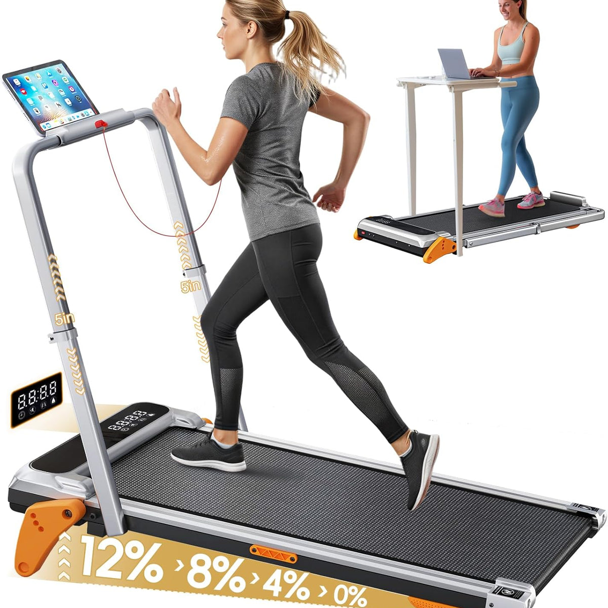 Walking Pad with Incline Portable Treadmill with Handle Bar for Home Office Under Desk Use Small Space Treadmill, Silver