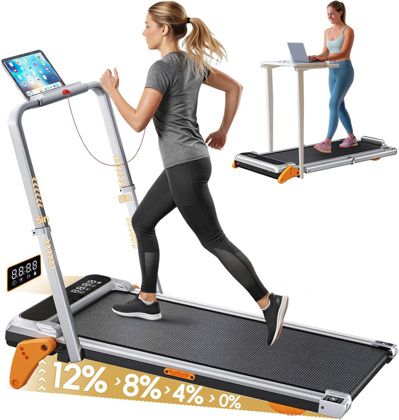 Walking Pad with Incline Portable Treadmill with Handle Bar for Home Office Under Desk Use Small Space Treadmill, Silver