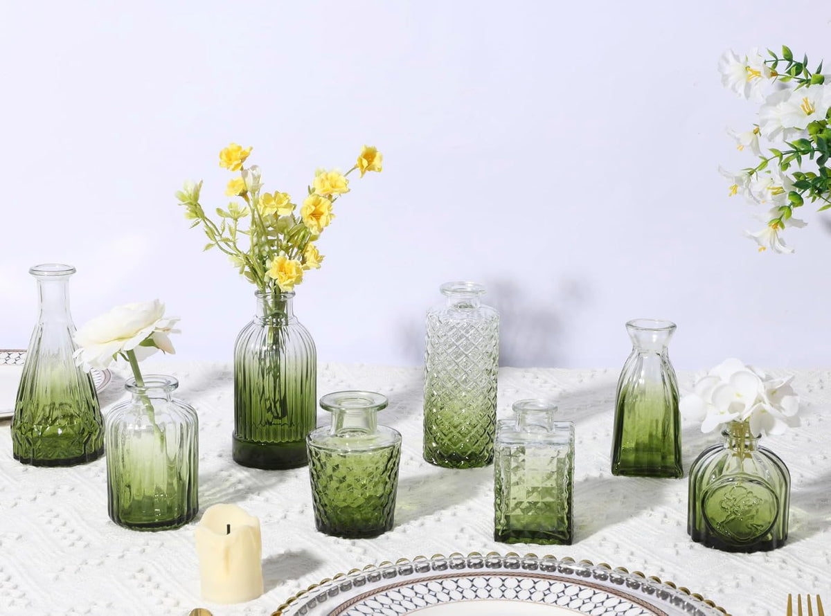 12 Pack Green Glass Bud Vase Set, Small Vintage Vases for Centerpieces, Decorative Flower Vases for Wedding Home Table Decor