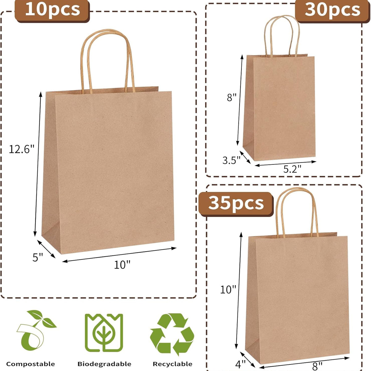 Moretoes 75pcs Paper Bags, (8-10-12inch) Assorted Sizes Brown Paper Bags with Handles for Small Business, Shopping, Retail, Party,
