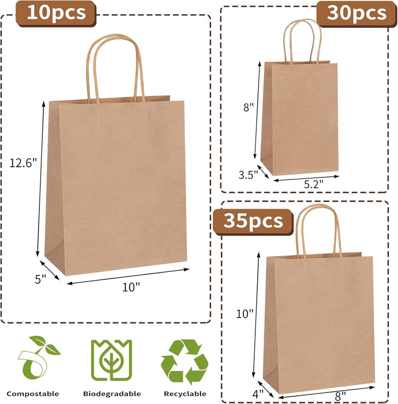 Moretoes 75pcs Paper Bags, (8-10-12inch) Assorted Sizes Brown Paper Bags with Handles for Small Business, Shopping, Retail, Party,
