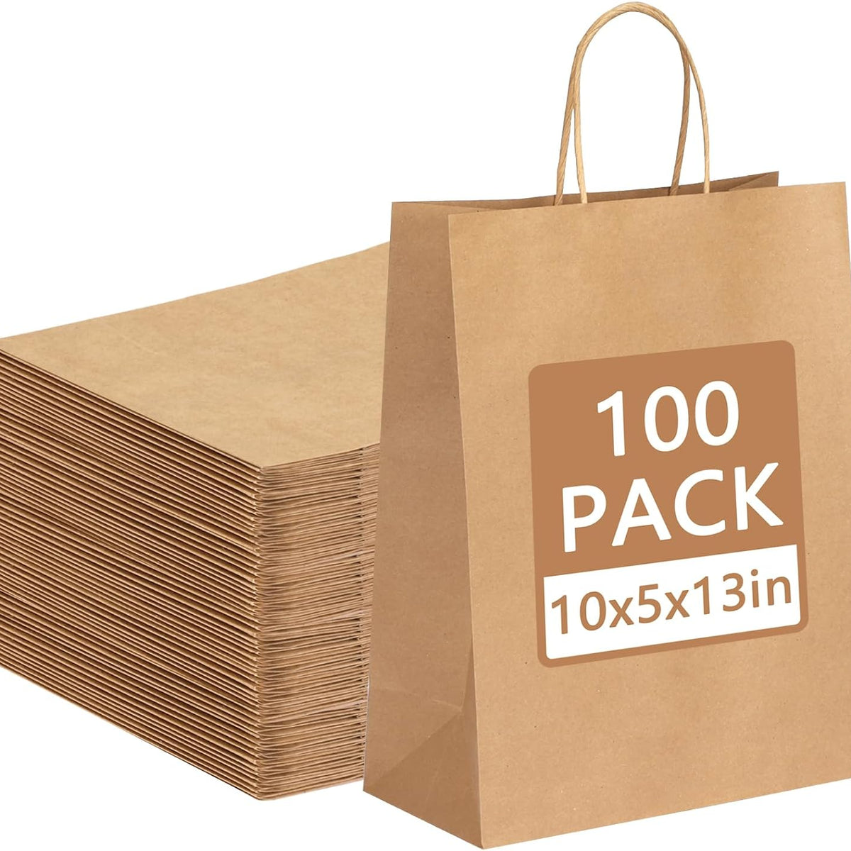 Moretoes 100pcs Paper Gift Bags 10x5x13 Inches Brown Kraft Paper Bags with Handles Bulk for Shopping, Retail, Small Business, Birthday Wedding Party Favor, Merchandise