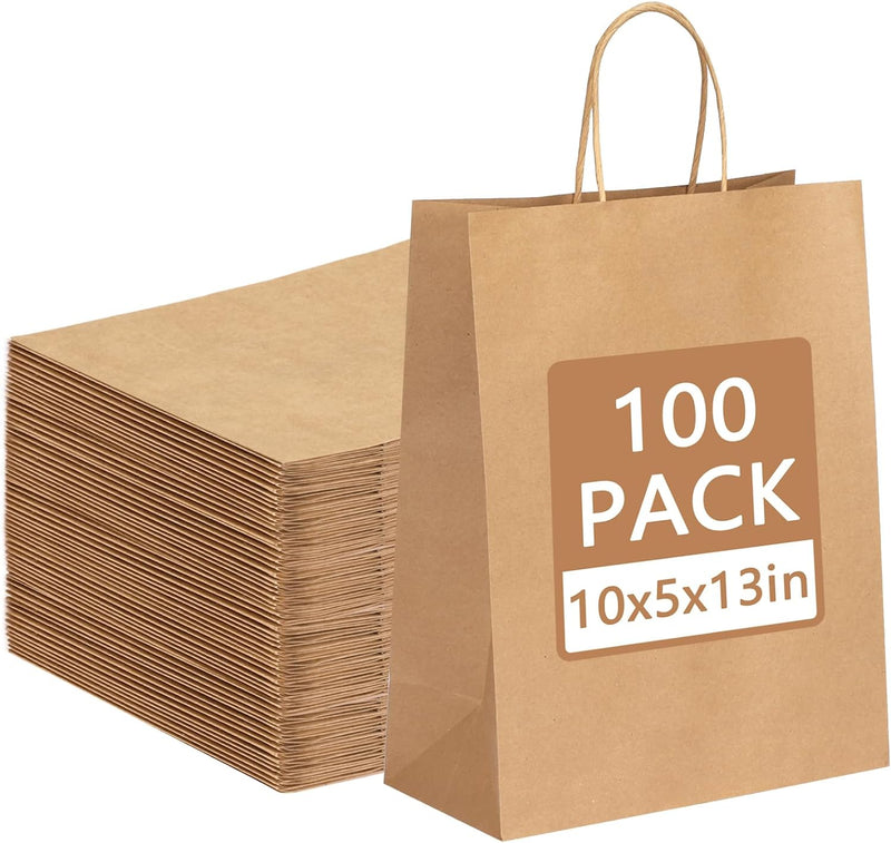 Moretoes 100pcs Paper Gift Bags 10x5x13 Inches Brown Kraft Paper Bags with Handles Bulk for Shopping, Retail, Small Business, Birthday Wedding Party Favor, Merchandise