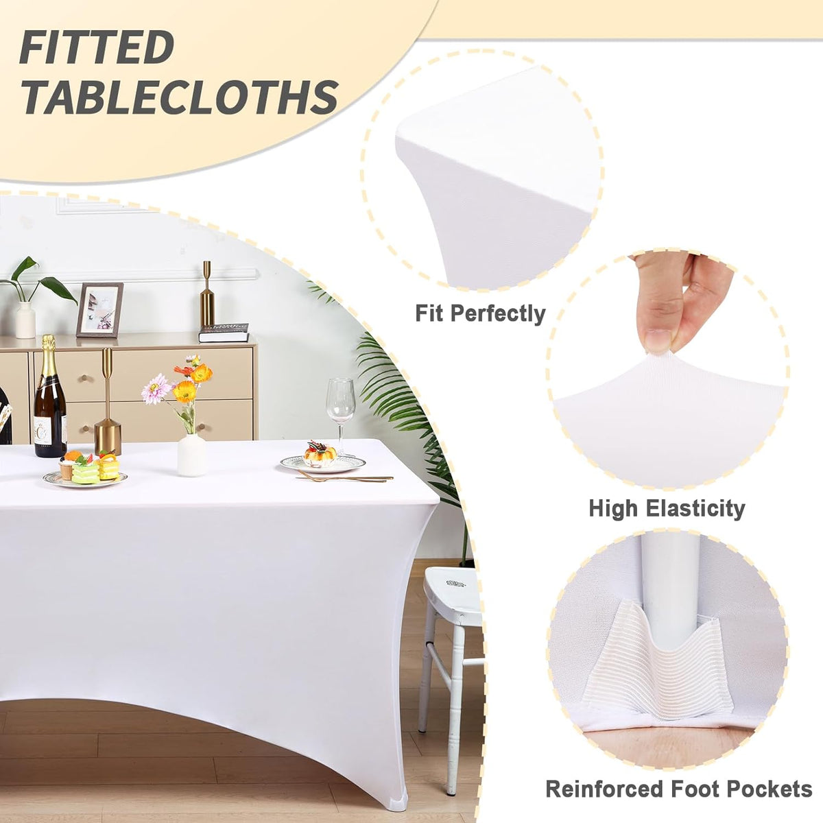 Fixwal 10 Pack 8Ft White Table Cover, Spandex Fitted Tablecloths Rectangle, Wrinkle-Free and Stretch Folding Table Cloth for Banquet, Wedding, Party, Trade Show