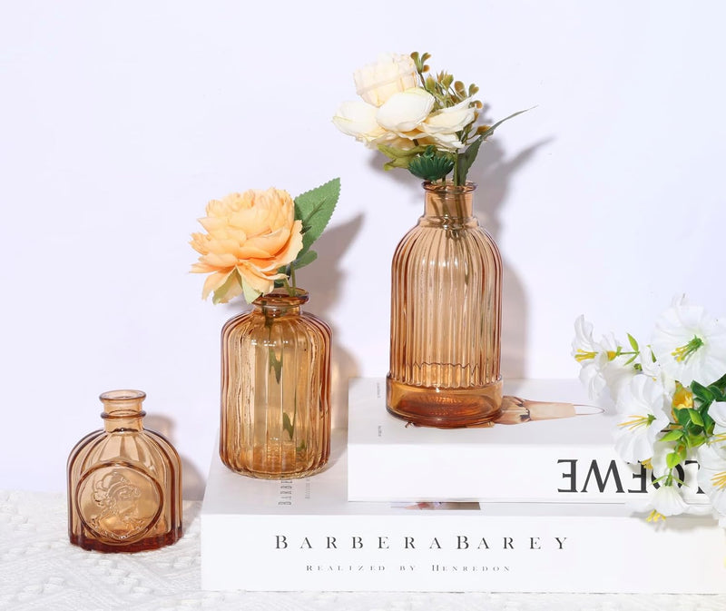 18pcs Amber Glass Bud Vase Set, Gold Small Flower Vases for Centerpieces in Bulk, Mini Vintage Vase for Home, Wedding, Table Decor