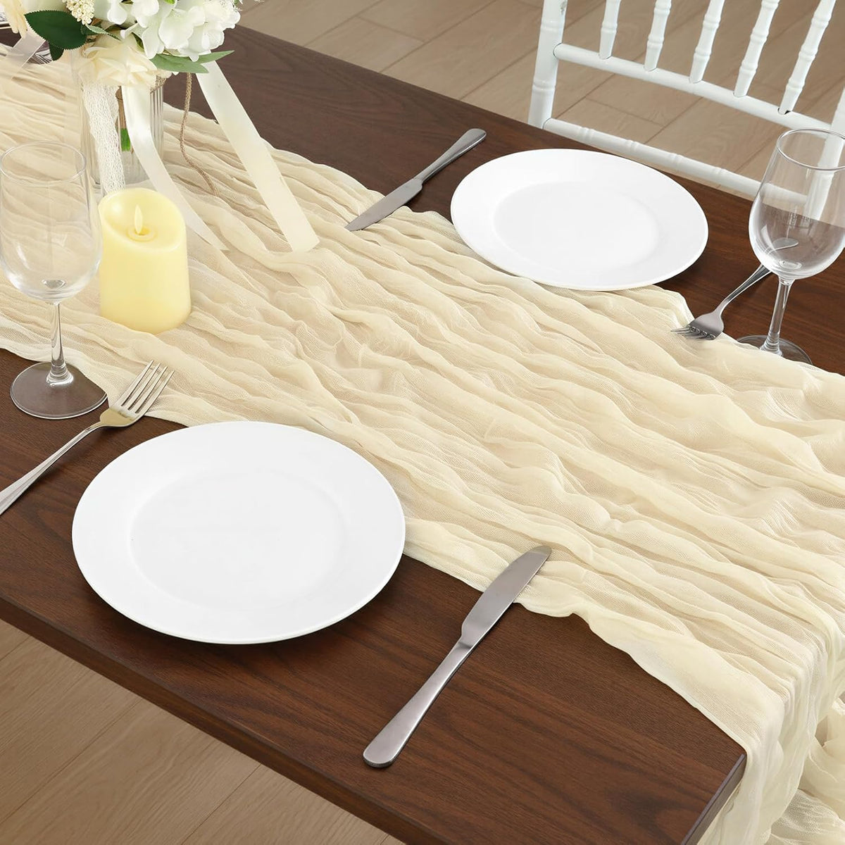 8 Pack Ivory Cream Cheesecloth Table Runner 120 Inch 10FT Beige Gauze Cheese Cloth for Wedding Decoration, Banquet, Boho Decor
