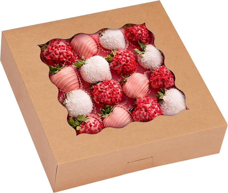 30pcs Pie Boxes, 10x10x2.5 Bakery Boxes with Window, Auto-Popup Brown Bakery Boxes for Pies, Cookie Boxes Treat Boxes for Dessert, Donuts, Muffins