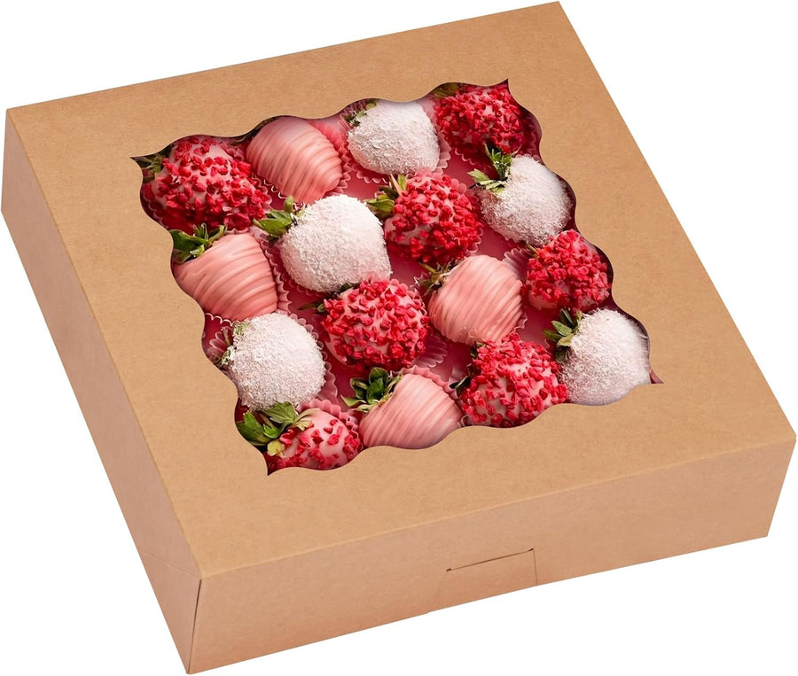 30pcs Pie Boxes, 10x10x2.5 Bakery Boxes with Window, Auto-Popup Brown Bakery Boxes for Pies, Cookie Boxes Treat Boxes for Dessert, Donuts, Muffins