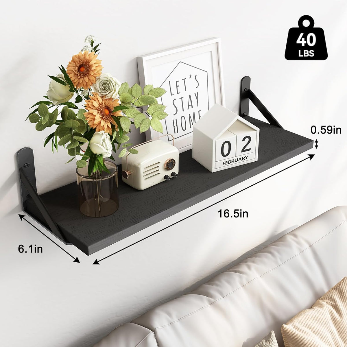 Fixwal Floating Shelves for Wall, Wood Wall Mounted Shelves for Bedroom, Bathroom, Living Room, Kitchen Storage and Decor(Black, Set of 4, 16.5 Inch)