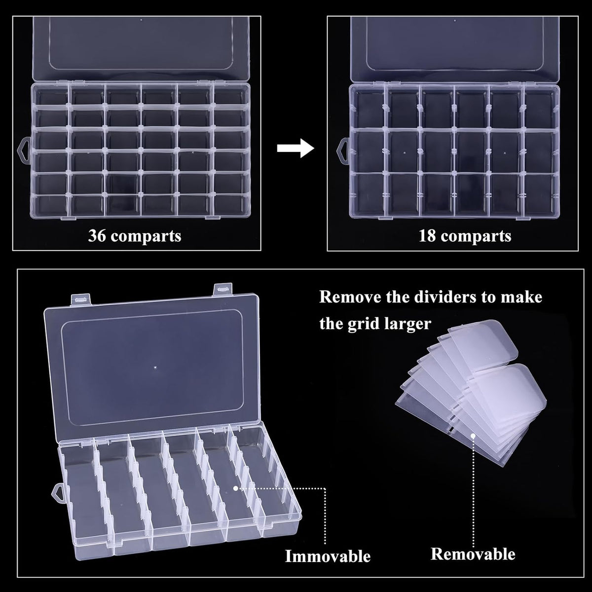 8 Pack 36 Grids Clear Plastic Storage Boxes with Adjustable Dividers, Beads Storage Containers, Jewelry and DIY Crafts Organization, Screw & Hardware Sorting with 10 Label Stickers