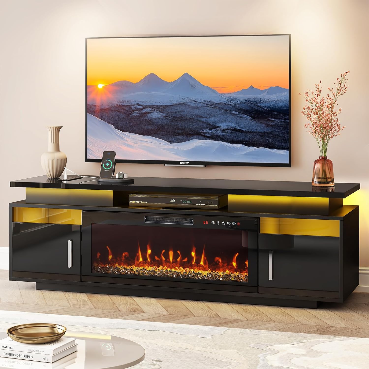 TV Stand with Fireplace, 67in Entertainment Center with Opening Shelves Modern Storage Cabinets and LED Lights, for 80 Inch TVs, for Living Room, Black