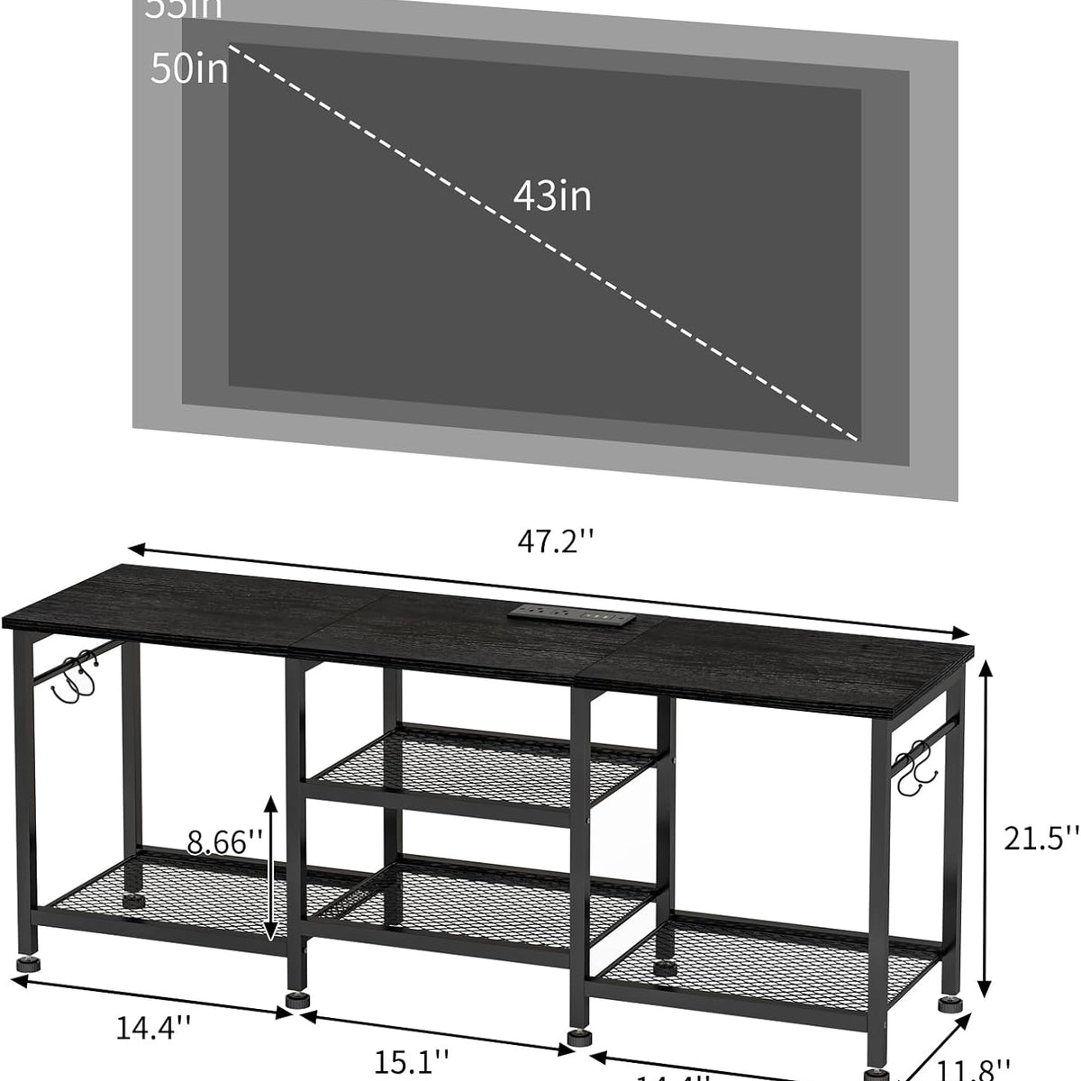 Black Entertainment Stand for Up to 50 Inch TVs, Tv Stand with Outlet Led Lights Open Storage Shelves, TV Consoles for Living Room, Bedroom