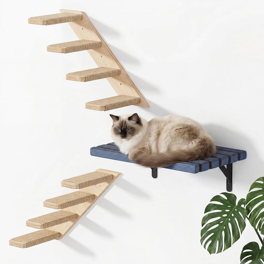 Cat Wall Shelves Set, 3 Pcs Modern Wood Cat Climbing Stairs with Large Perch Platform, 4-Step Wall Mounted Furniture for Indoor Cats, Sturdy Walkway for Playing Sleeping Exercise