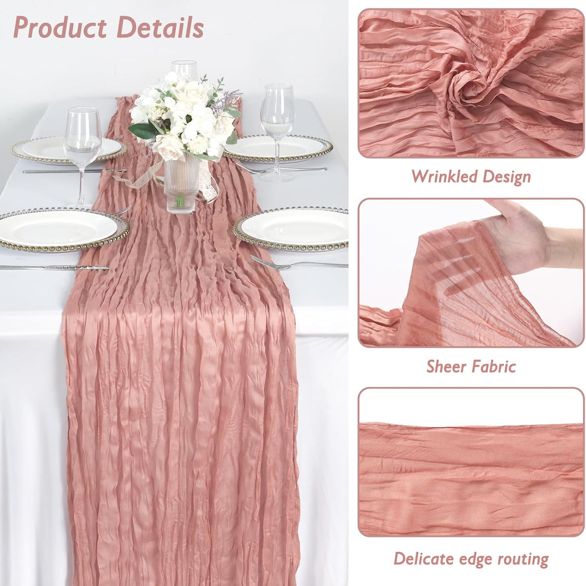 8 Pack Dusty Pink Cheesecloth Table Runner 120 Inch 10FT Gauze Cheese Cloth for Wedding Decoration, Baby Shower, Boho Decor