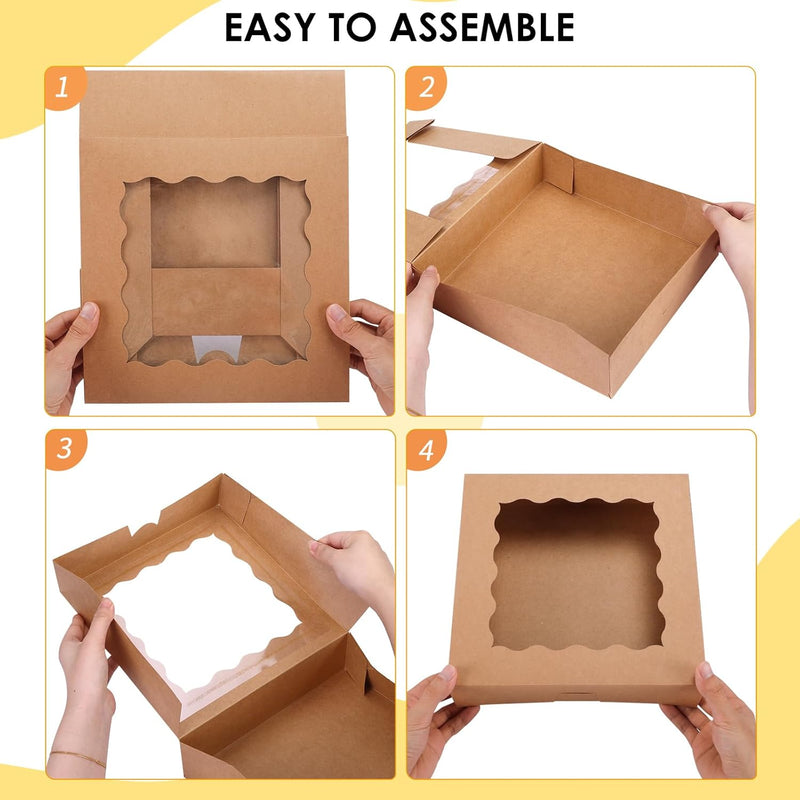 30pcs Pie Boxes, 10x10x2.5 Bakery Boxes with Window, Auto-Popup Brown Bakery Boxes for Pies, Cookie Boxes Treat Boxes for Dessert, Donuts, Muffins