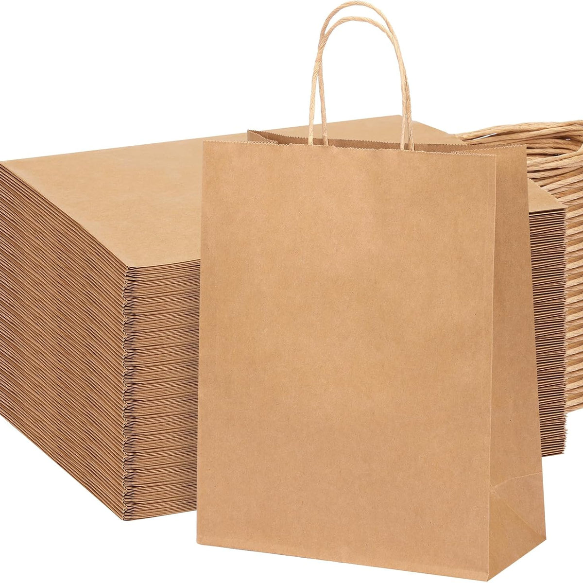 Moretoes 100pcs Paper Gift Bags 10x5x13 Inches Brown Kraft Paper Bags with Handles Bulk for Shopping, Retail, Small Business, Birthday Wedding Party Favor, Merchandise