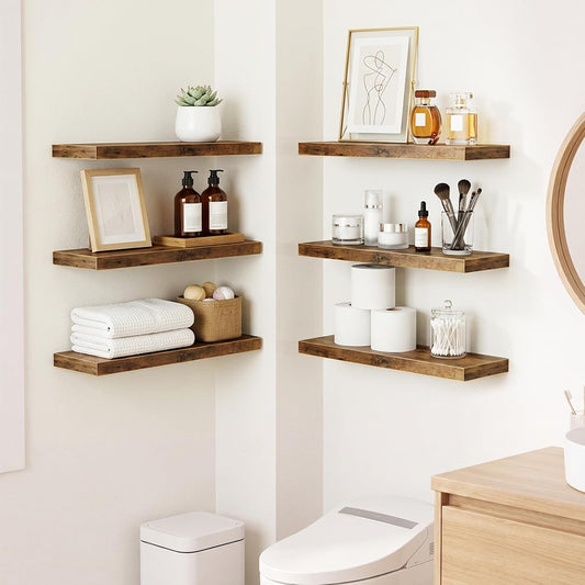 Fixwal 15.7in Floating Shelves, Set of 6 Wood Shelves, Farmhouse Shelf Wall Decor for Bathroom, Bedroom, Living and Kitchen Room (Rustic Brown)