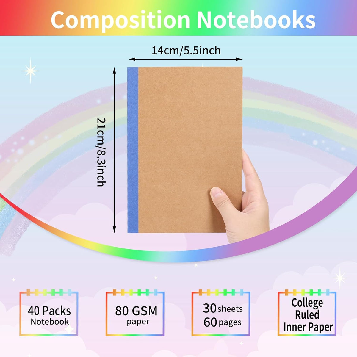 40 Pack A5 Kraft Notebooks Bulk, Lined Journals Bulk Colors with Rainbow Spine, 60 Pages for Kids Writing, Travel, Students