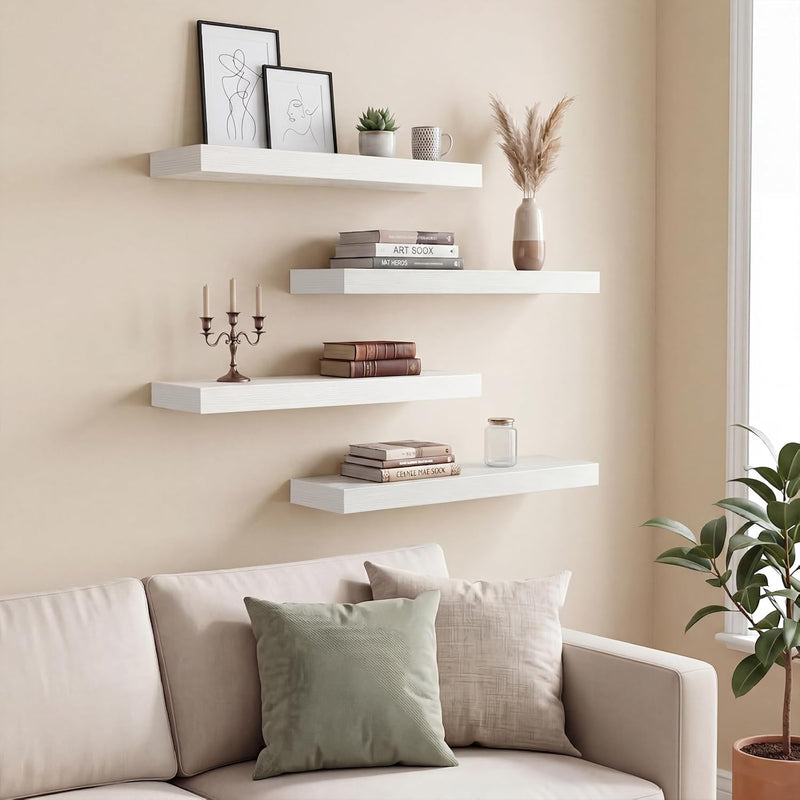 Fixwal White Shelves for Wall, 15.7in Rustic Wood Finish Floating Wall Shelves Set of 4, Shelves for Wall Decor, with Invisible Brackets for Bathroom, Living Room,Bedroom and Kitchen