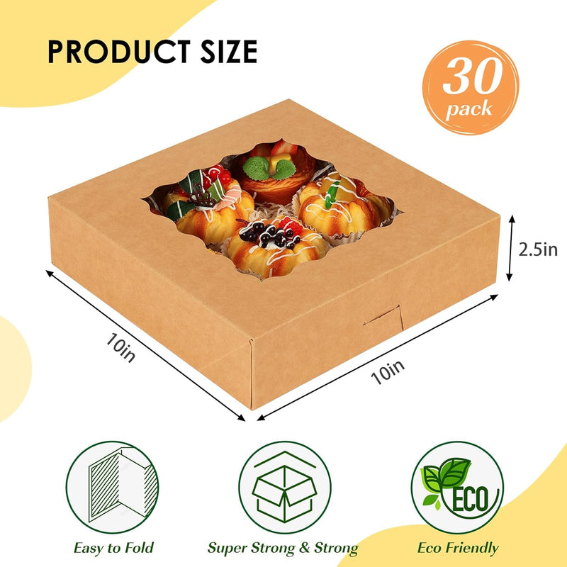 30pcs Pie Boxes, 10x10x2.5 Bakery Boxes with Window, Auto-Popup Brown Bakery Boxes for Pies, Cookie Boxes Treat Boxes for Dessert, Donuts, Muffins