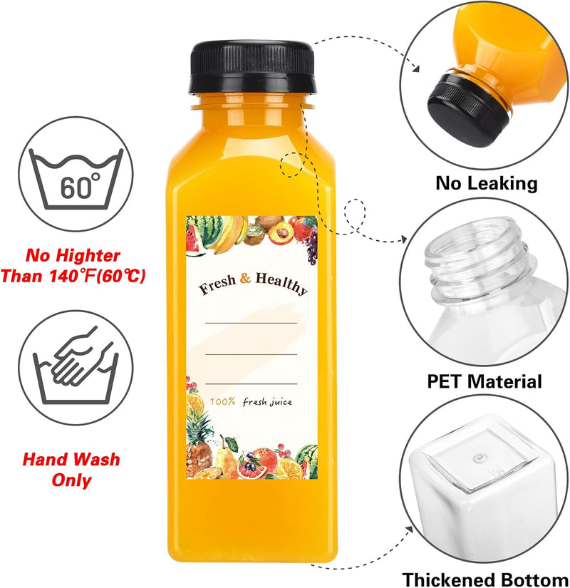 Moretoes 160pcs 12oz Plastic Juice Bottles with Caps, Clear Empty Reusable Bottles with Brush Funnel and Labels for Juicing, Smoothies and Other Beverages