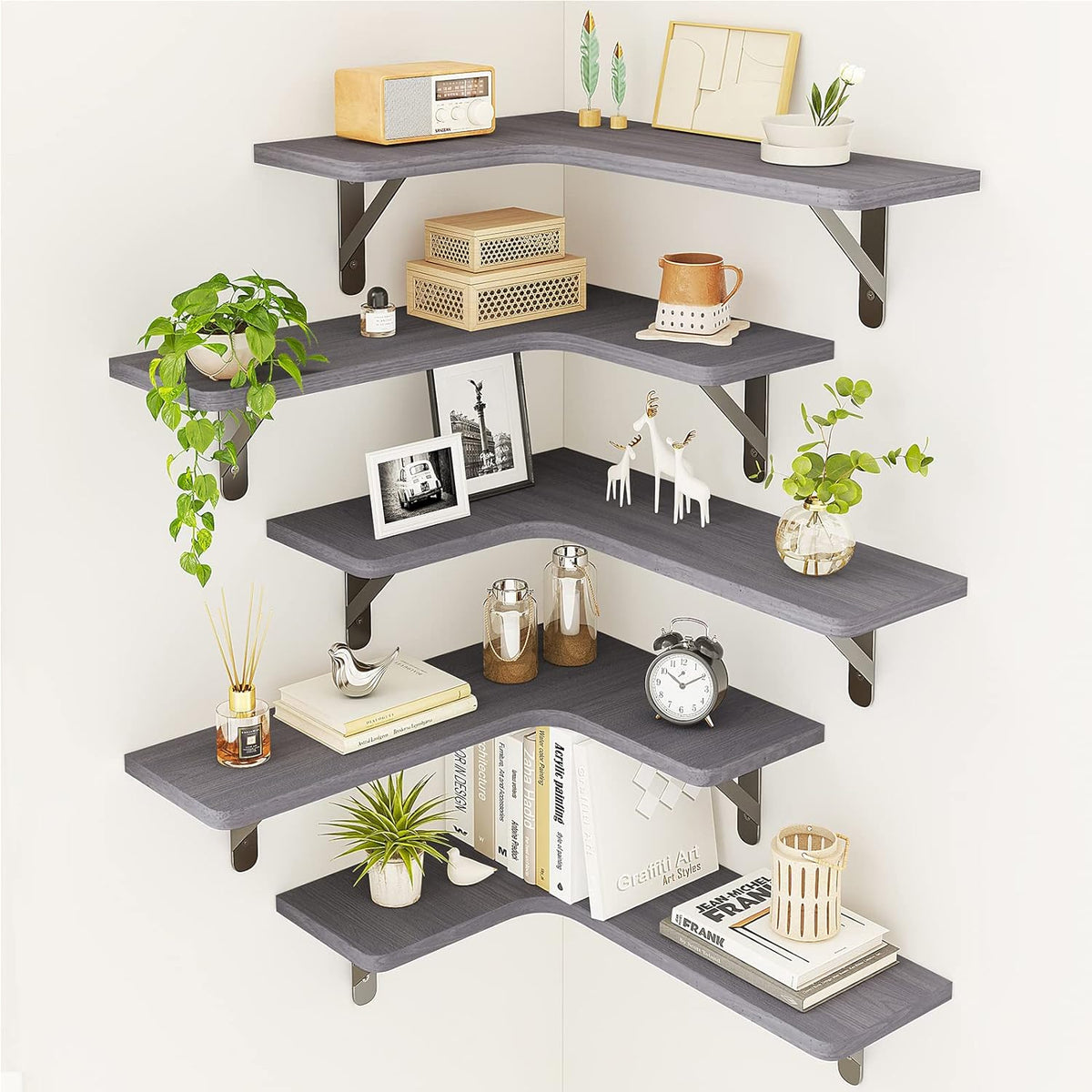 Fixwal Corner Floating Shelves Set of 5, Rustic Wood Wall Mounted Corner Shelf for Bathroom, Kitchen, Bedroom, Home Decor, Laundry Room, Living Room(Gray)