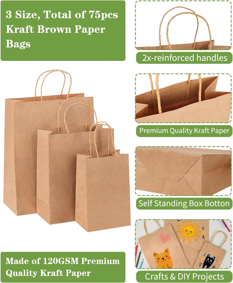 Moretoes 75pcs Paper Bags, (8-10-12inch) Assorted Sizes Brown Paper Bags with Handles for Small Business, Shopping, Retail, Party,