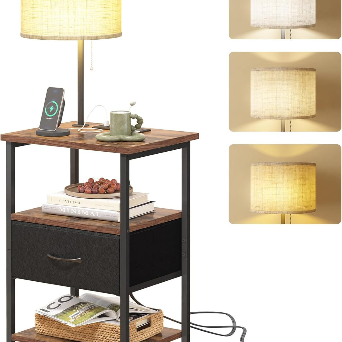 Fixwal Nightstand with Lights Bedside Table with 3 Color Temperatures Bulb, Night Stand with Charging Station End Table with Adjustable Fabric Drawer for Bedroom Dorm