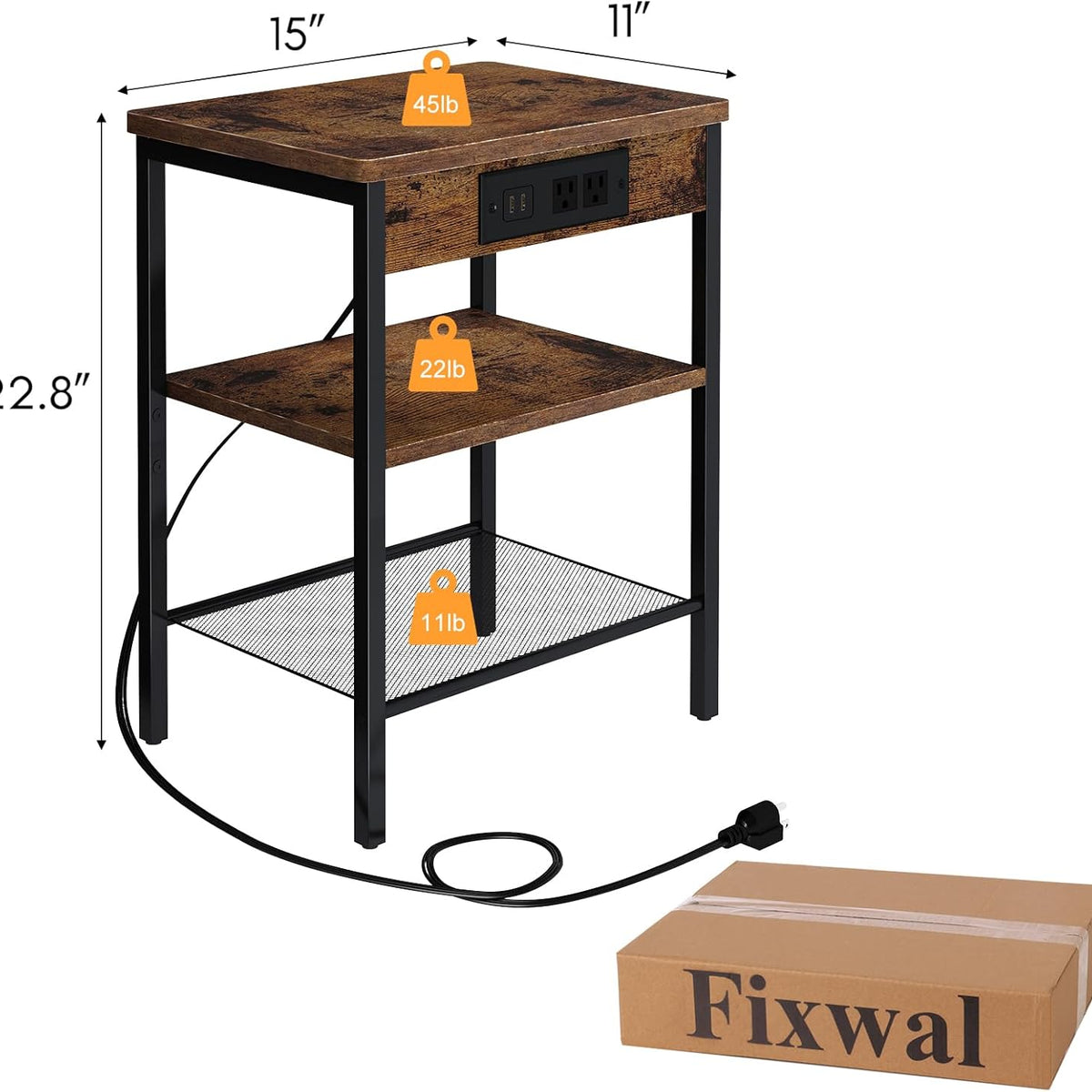 Fixwal Side Table, Night Stand with Charging Station, 3-Tier End Table with Storage Shelf, Side Table for Living Room, Bedroom, Rustic Brown and Black