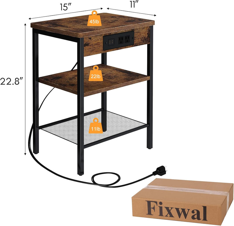 Fixwal Side Table, Night Stand with Charging Station, 3-Tier End Table with Storage Shelf, Side Table for Living Room, Bedroom, Rustic Brown and Black