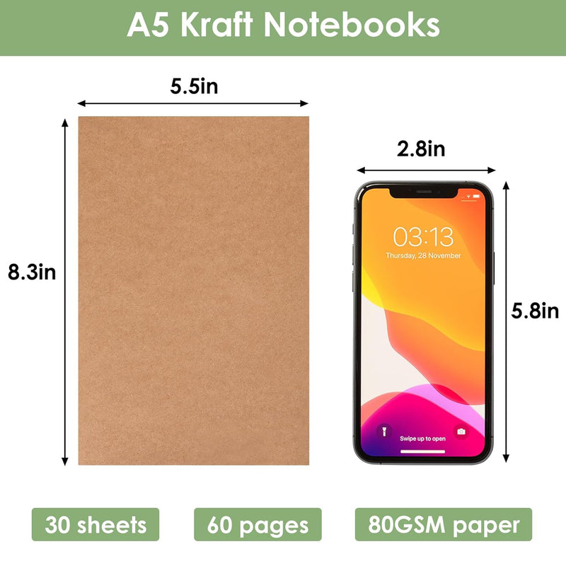 48 Pack A5 Lined Kraft Notebooks, Travel Journals Bulk 8.3x5.5in College Ruled Subject Notebooks 30 Sheets 60 Pages for Writing School Office Supplies
