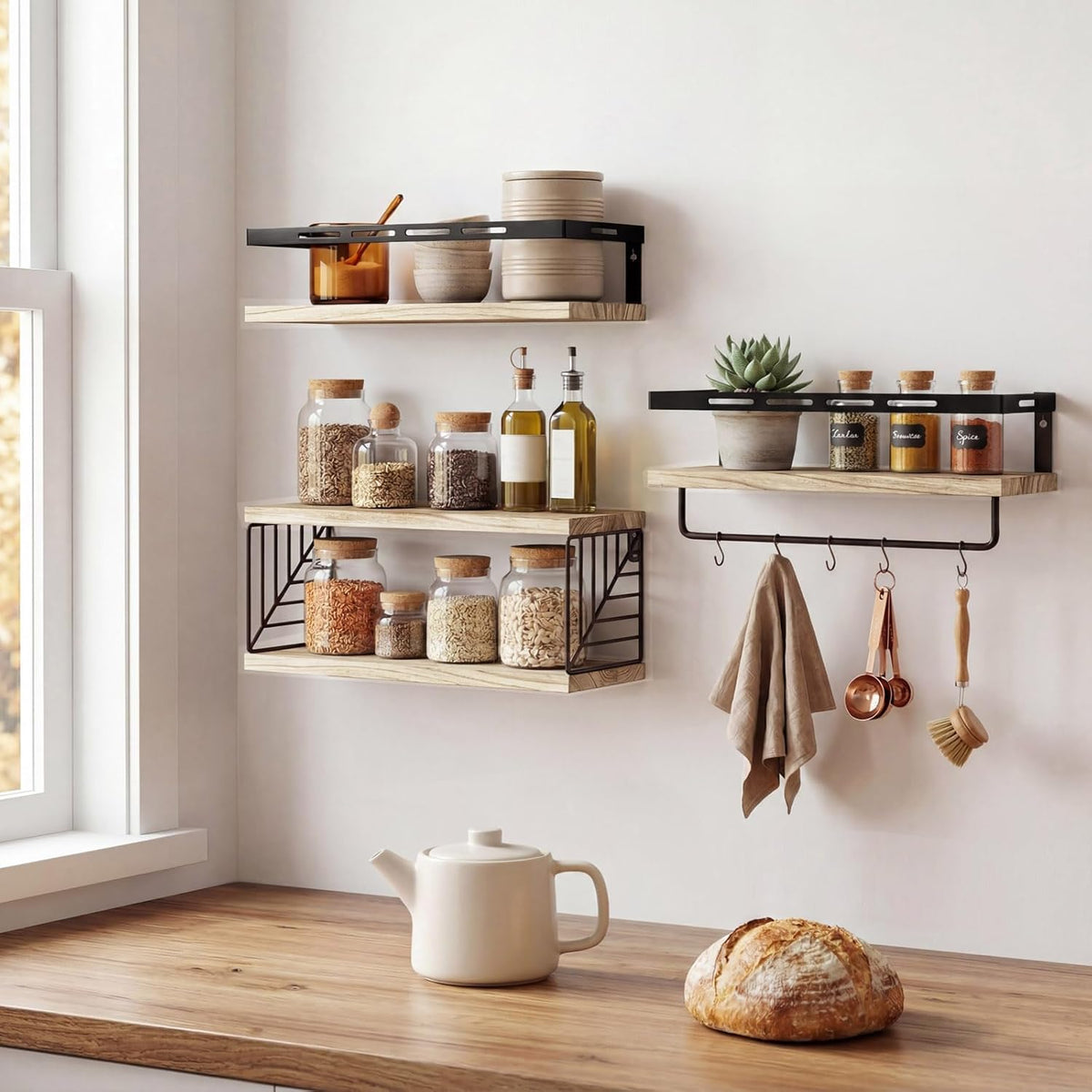 Fixwal Bathroom Shelves Over Toilet, Floating Shelves Wall Mounted with Metal Frame and Towel Bar for Bathroom, Kitchen, Bedroom, Living Room (3 Plus 1 Rustic Brown)