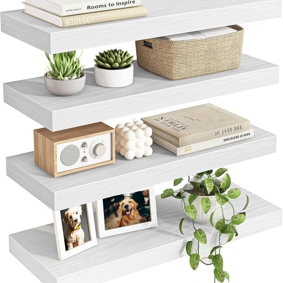 Fixwal White Shelves for Wall, 15.7in Rustic Wood Finish Floating Wall Shelves Set of 4, Shelves for Wall Decor, with Invisible Brackets for Bathroom, Living Room,Bedroom and Kitchen