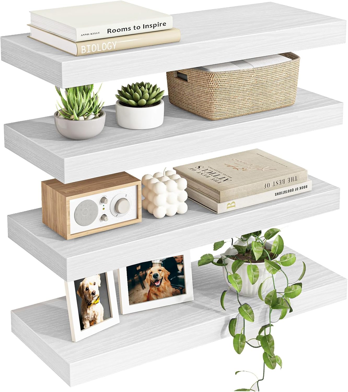 Fixwal White Shelves for Wall, 15.7in Rustic Wood Finish Floating Wall Shelves Set of 4, Shelves for Wall Decor, with Invisible Brackets for Bathroom, Living Room,Bedroom and Kitchen