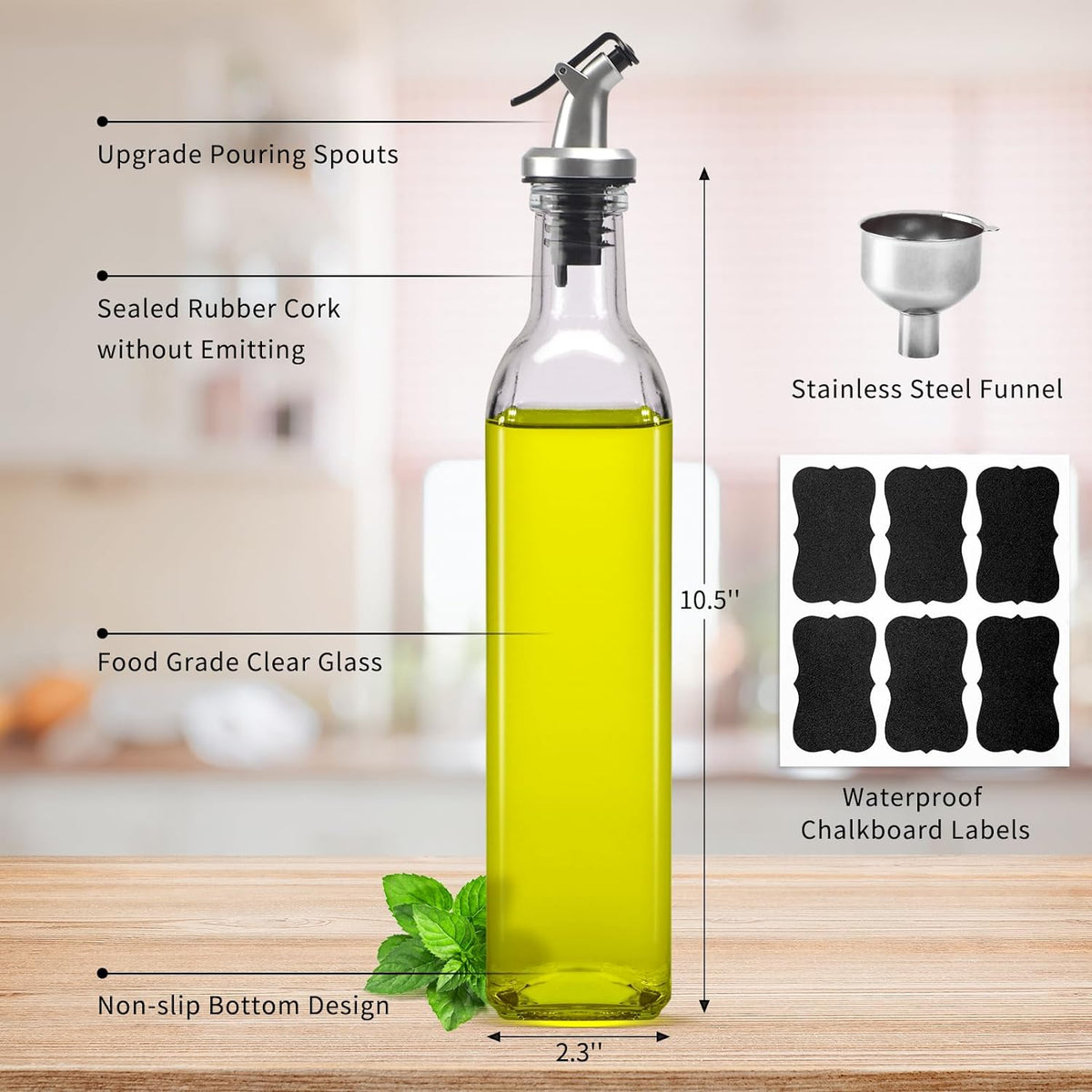4 Pack 17oz Olive Oil Dispenser Bottles, 500ml Clear Glass Vinegar Cruet with Pourers and Funnel for Kitchen