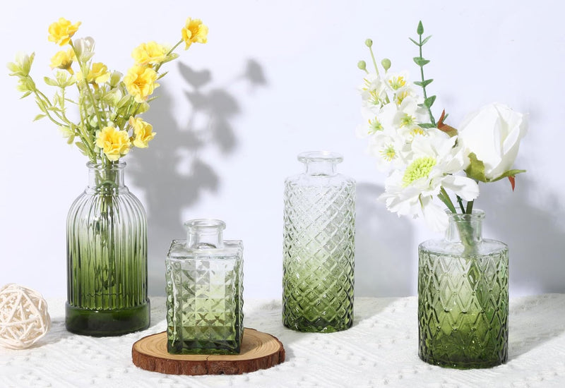 12 Pack Green Glass Bud Vase Set, Small Vintage Vases for Centerpieces, Decorative Flower Vases for Wedding Home Table Decor
