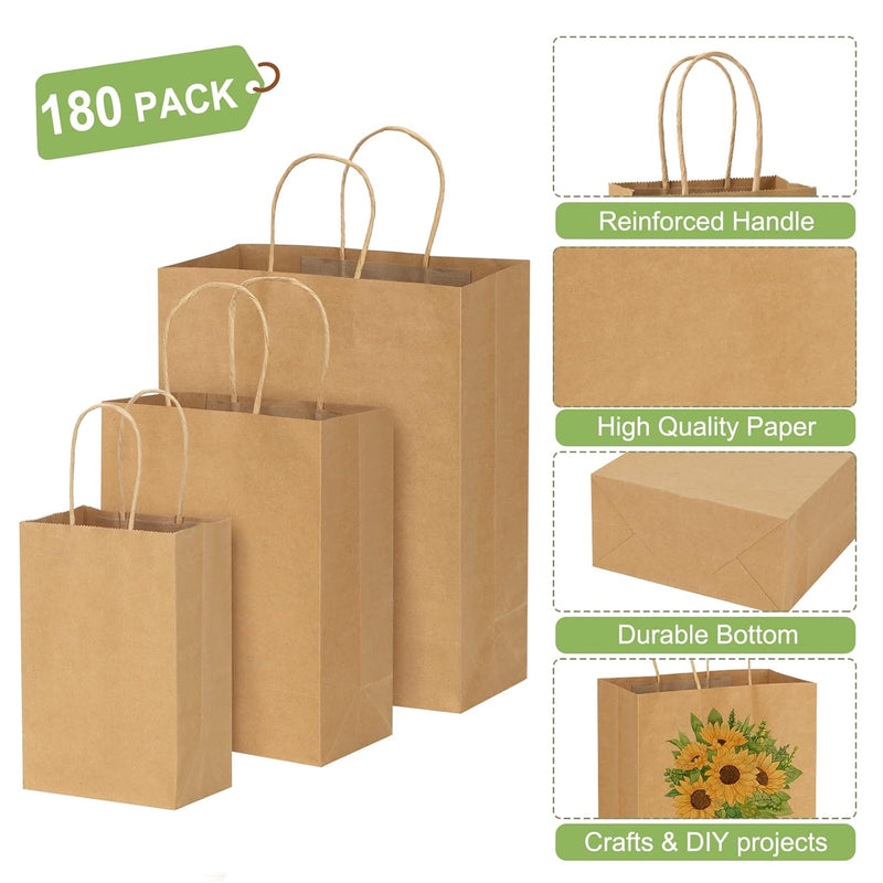180pcs Paper Bags with Handles Brown Kraft Paper Gift Bags Assorted Sizes (8/10/12.6 Inches) Bulk for Gift, Merchandise, Retail, Shopping, Party Favor