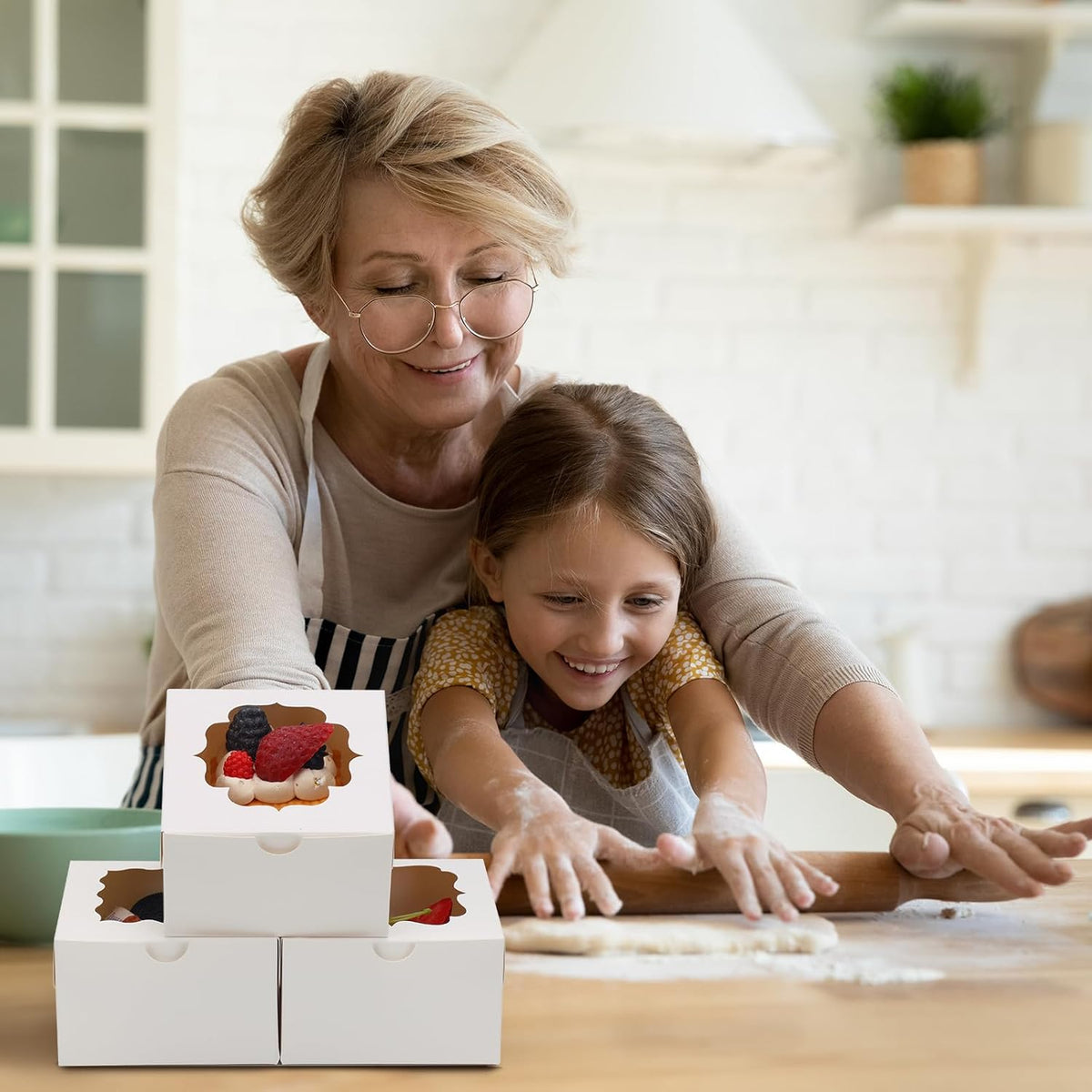 150pcs White Small Cookie Boxes with Window,4x4x2.5 Inch Small Bakery Boxes, 3 Style, Cookie Boxes Bulk for Dessert, Chocolate Strawberries Donuts and Party Favor