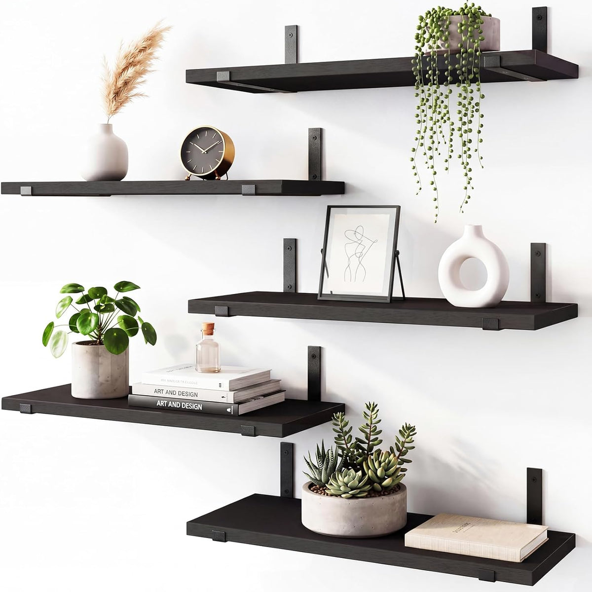 Fixwal Floating Shelves for Wall, Black Shelves Wall Mounted, Rustic Wood Wall Storage Shelves for Bedroom, Living Room, Kitchen, Bathroom, Home Decor (Set of 5 Black)