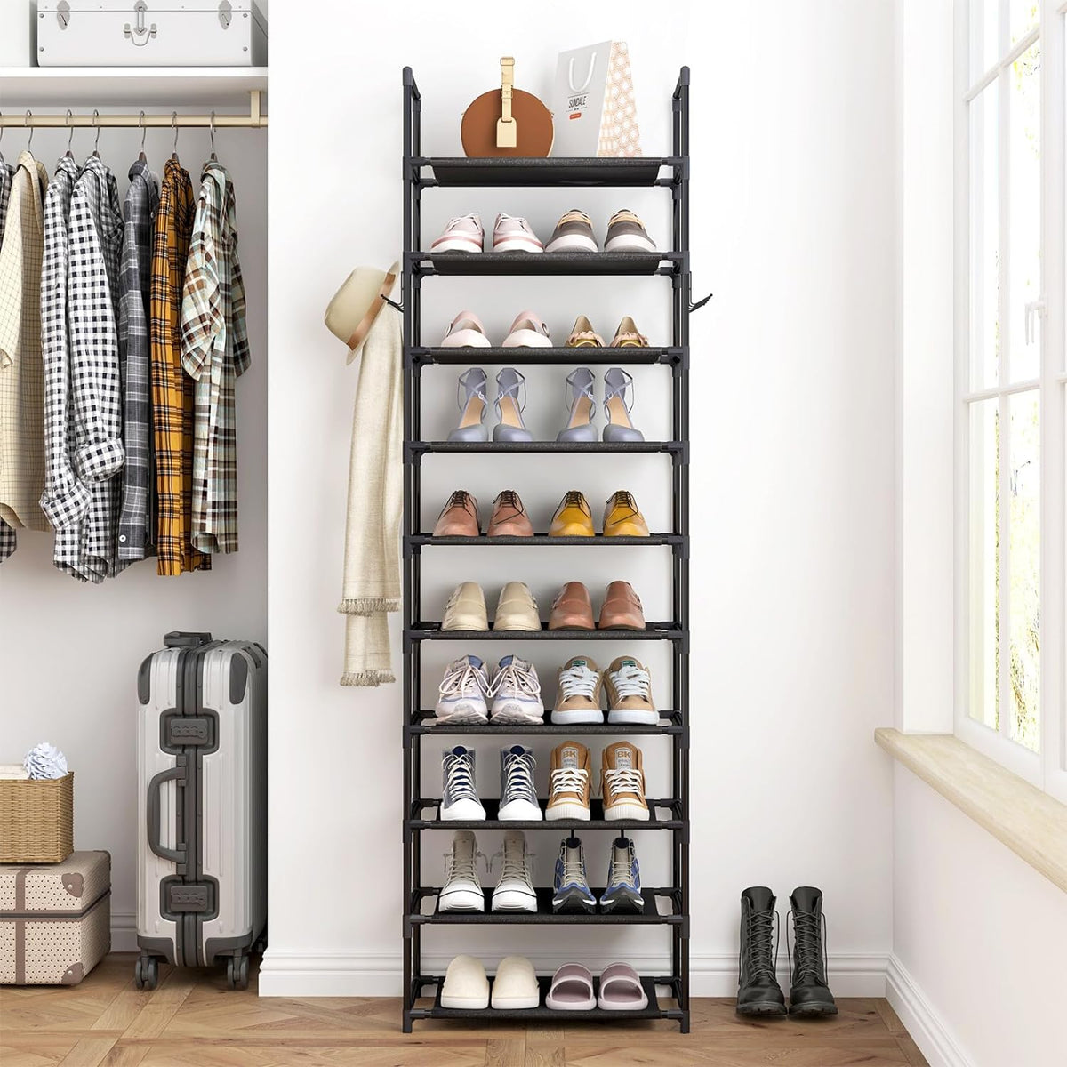 Fixwal 10-Tier Multifunctional Shoe Rack: Modern, Space-Saving, Easy Assembly, 20-24 Pairs of Shoes & Boots, Sturdy & Waterproof, 17"L x 10.6"W x 68"H, Living Room, Bedroom, Hallway, Closet